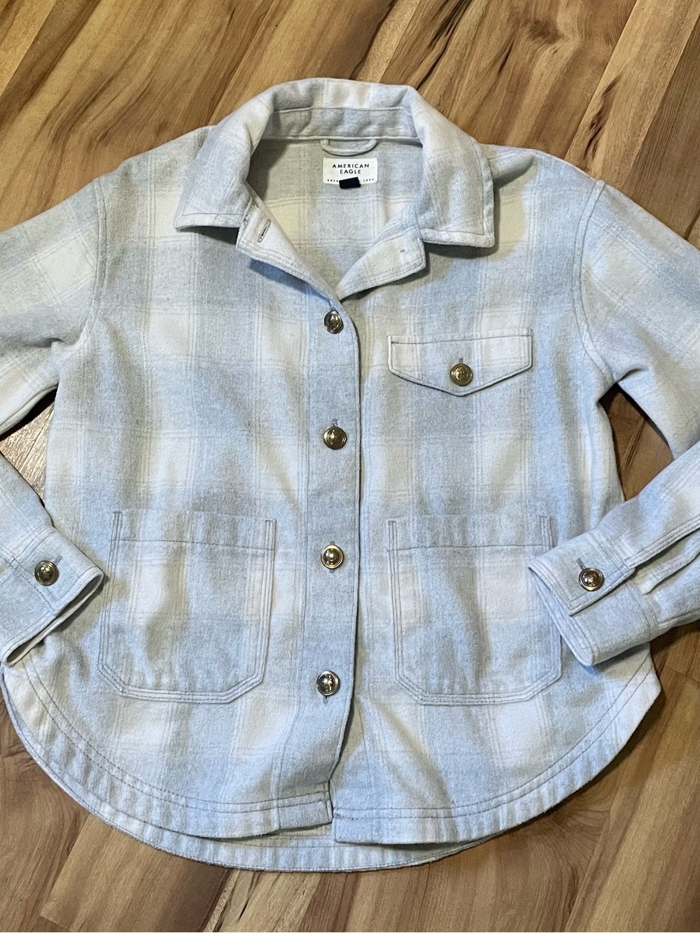 American Eagle Plaid Shacket Jacket XS Extra Small Light Blue Flannel